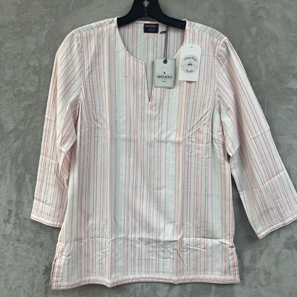 Untuckit Shirt Women’s 10 M Thick Cotton Coastal Vertical Stripe Tunic White Top